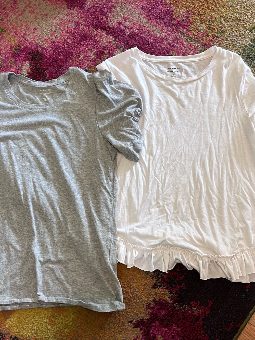Banana Republic White Ruffle-Hem Tee & Gray Puff-Sleeve Tee